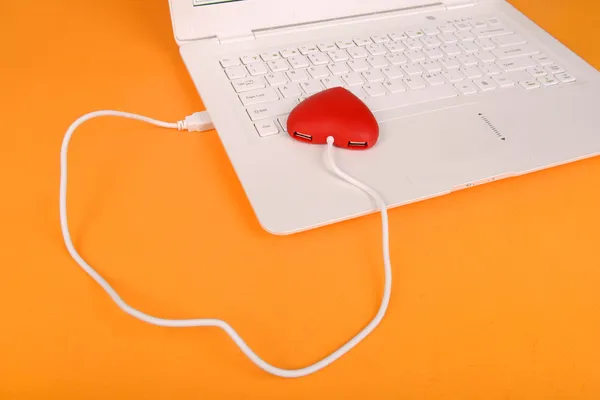 Kırmızı kalp şeklinde usb hub ile laptop bağlamak — Stok fotoğraf