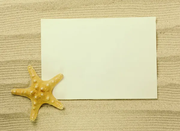 Starfish and shells with frame on the beach, vacation memories — Stock Photo, Image