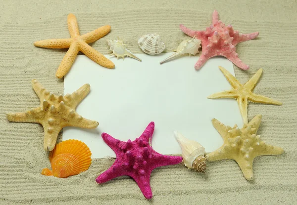Sjöstjärnor och skal med ram på stranden, semester minnen — Stockfoto