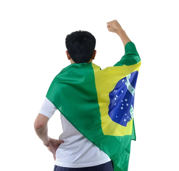 Brasileiro celebra com bandeira e máscara — Fotografia de Stock