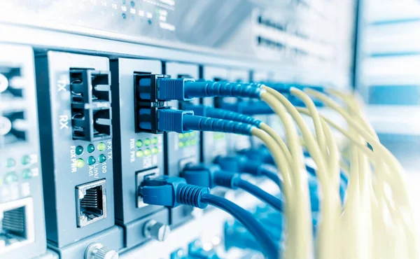 Fiber Optiska Kablar Anslutna Till Optiska Portar Och Utp Nätverkskablar — Stockfoto