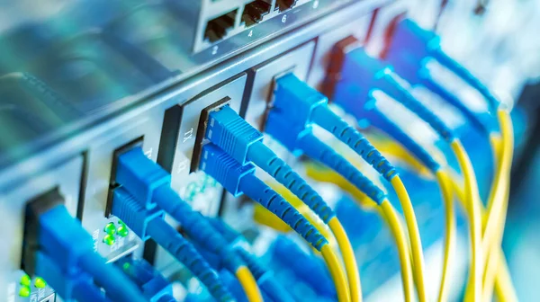 Glasvezelkabels Aangesloten Optische Poorten Utp Netwerkkabels Aangesloten Ethernetpoorten — Stockfoto
