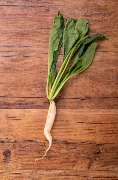 Daikon Radijs Houten Achtergrond — Stockfoto