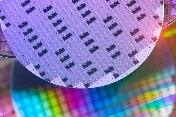 Silicon Wafer Com Microchips Utilizados Eletrônica Para Fabricação Circuitos Integrados Imagem De Stock