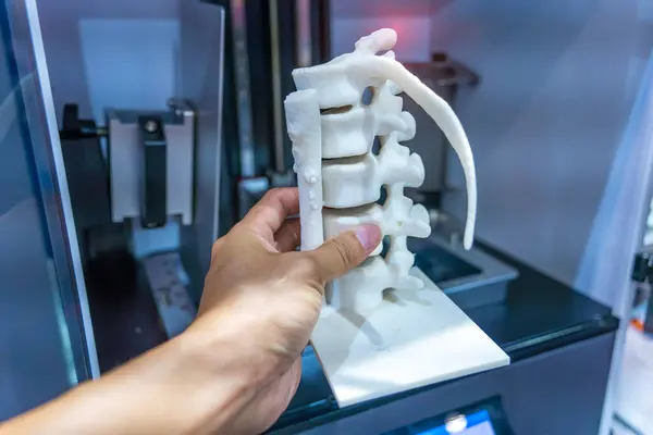3Dプリンターで3D印刷された人間の脊椎を用いる手 ロイヤリティフリーのストック画像