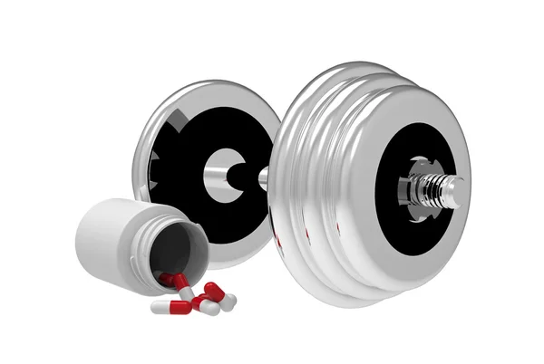 Dumbbell with vial of pills — Stock Photo, Image