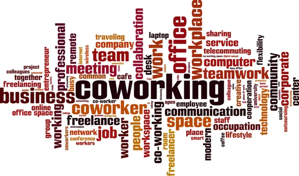 Conceito Nuvem Palavras Cooperante Colagem Feita Palavras Sobre Coworking Ilustração —  Vetores de Stock