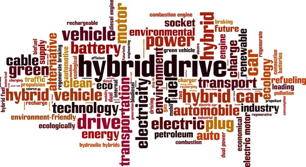 ハイブリッドドライブワードクラウドの概念 ハイブリッドドライブについての言葉で作られたコラージュ ベクターイラスト — ストックベクタ