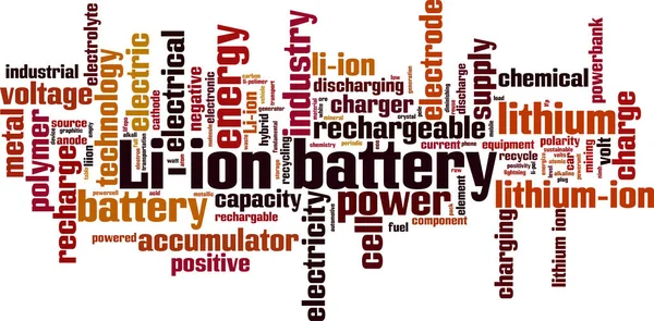 Ion Batteri Ord Moln Koncept Collage Gjord Ord Litiumjonbatteri Vektorillustration — Stock vektor