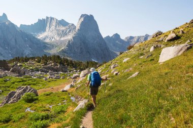 Yüksek dağlarda yürüyüş yapan bir gezgin.