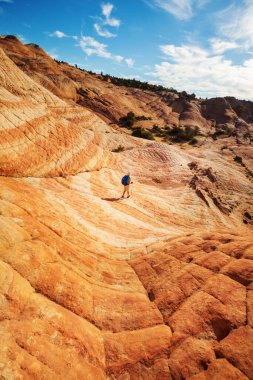 Utah dağlarında yürüyüş. Alışılmadık doğal manzaralarda yürüyüş. Fantastik kumtaşı oluşumları.
