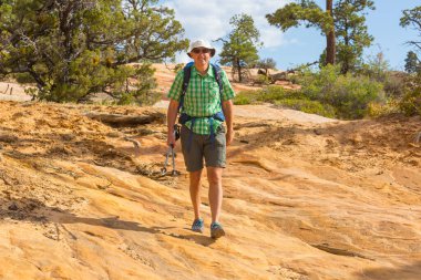 Utah dağlarında yürüyüş. Alışılmadık doğal manzaralarda yürüyüş. Fantastik kumtaşı oluşumları.