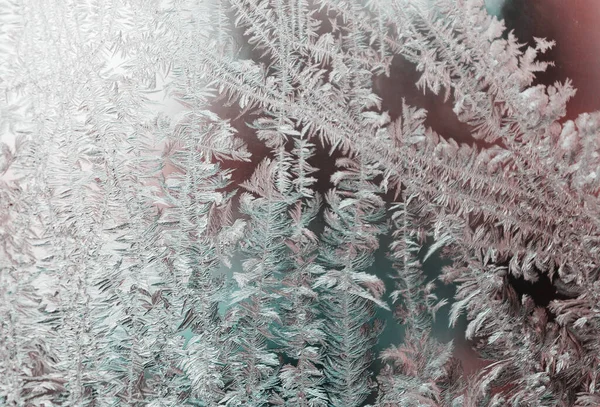 Fenster Eingefroren Kristalle Auf Einem Gefrorenen Fenster Weihnachtlicher Hintergrund — Stockfoto