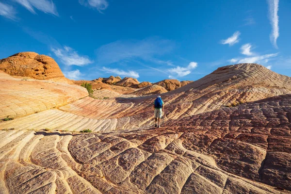 ユタの山でハイキング 珍しい自然の風景の中でハイキング 素晴らしい形の砂岩の形成 — ストック写真