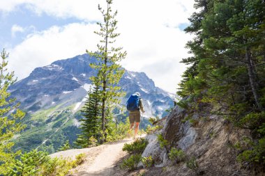 Yüksek dağlarda yürüyüş yapan bir gezgin.