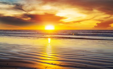 Deniz kıyısında manzara renkli gün batımı. Duvar kağıdı ya da arkaplan resmi için iyi. Güzel doğa manzaraları