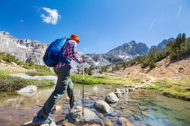 Yüksek dağlarda yürüyüş yapan bir gezgin.
