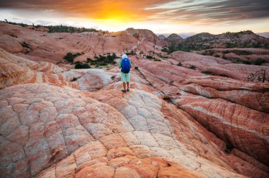 Utah dağlarında yürüyüş. Alışılmadık doğal manzaralarda yürüyüş. Fantastik kumtaşı oluşumları.