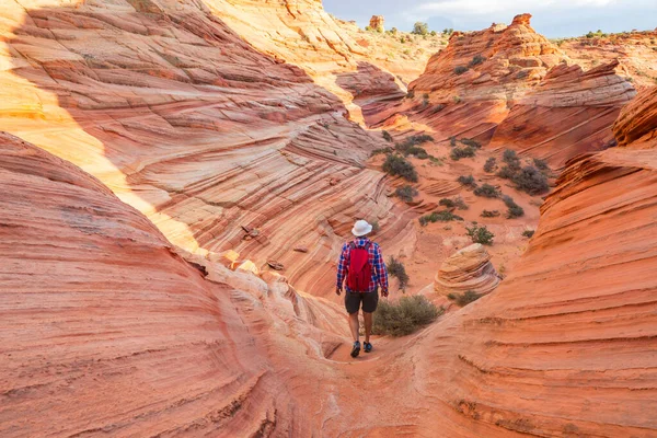 Utah dağlarında yürüyüş. Alışılmadık doğal manzaralarda yürüyüş. Fantastik kumtaşı oluşumları.