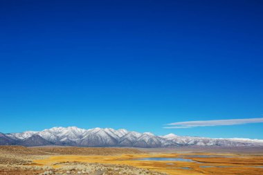 Çayırda karla kaplı dağlardan oluşan güzel bir manzara. ABD, Kaliforniya.