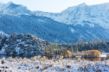 Kış erken dağlarında güzel bir doğa manzarası. Sierra Nevada manzaraları. ABD, Kaliforniya. Seyahat ve kış tatili geçmişi.