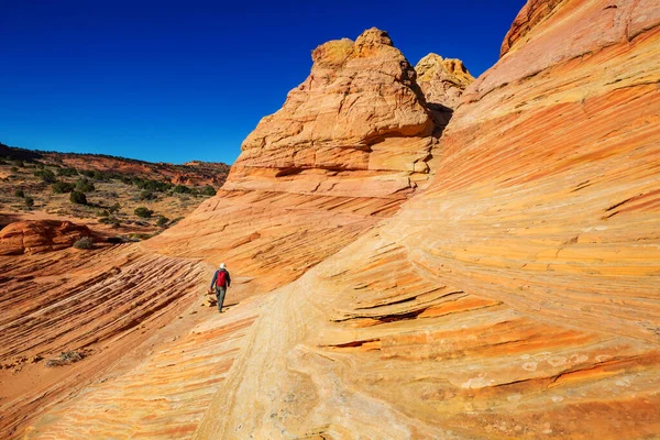Utah dağlarında yürüyüş. Alışılmadık doğal manzaralarda yürüyüş. Fantastik kumtaşı oluşumları.