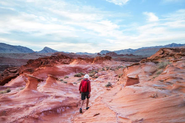 Nevada çölünde Las Vegas, Nevada, ABD yakınlarındaki bir taş kemer içinde yürüyüşçü