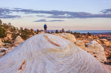 Utah dağlarında yürüyüş. Alışılmadık doğal manzaralarda yürüyüş. Fantastik kumtaşı oluşumları.