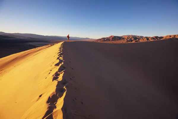 Randonneur Parmi Les Dunes Sable Dans Désert — Photo