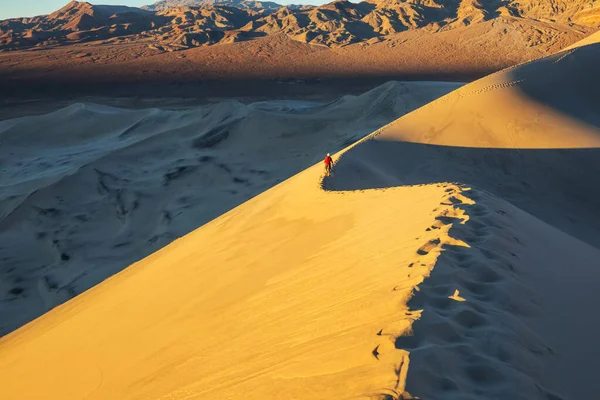 Randonneur Dans Désert Sable Heure Lever Soleil — Photo