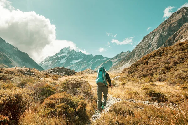 Cook Dağı Ulusal Parkı Yla Yürüyüş Rotasında Yürüyen Bir Adam — Stok fotoğraf