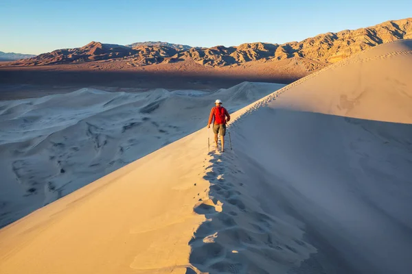 Hiker Sand Desert Sunrise Time — Stock Photo, Image