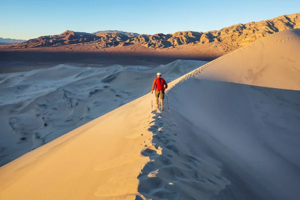 Randonneur Dans Désert Sable Heure Lever Soleil — Photo