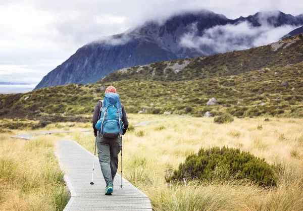Człowiek Spacerujący Szlakiem Turystycznym Parkiem Narodowym Mount Cook Pięknym Regionem — Zdjęcie stockowe