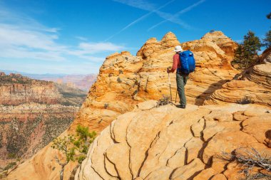 Utah dağlarında yürüyüş. Alışılmadık doğal manzaralarda yürüyüş. Fantastik kumtaşı oluşumları.