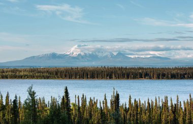 Yazın Alaska 'nın Picturesque Dağları. Kar, kütleleri, buzulları ve kayalık tepeleri kapladı. Güzel doğal arkaplan.