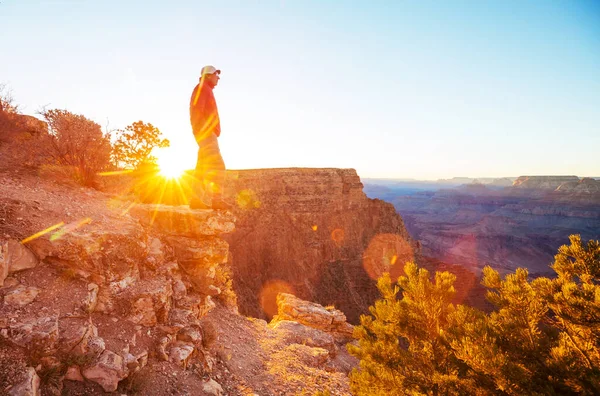 Ταξιδιώτης Απόκρημνα Βουνά Πάνω Από Grand Canyon National Park Αριζόνα — Φωτογραφία Αρχείου