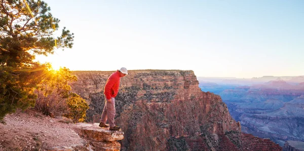 Podróżnik Klifie Nad Wielkim Kanionem Arizona Usa Inspirujące Emocje Podróże — Zdjęcie stockowe