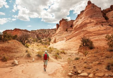 Utah dağlarında yürüyüş. Alışılmadık doğal manzaralarda yürüyüş. Fantastik kumtaşı oluşumları.