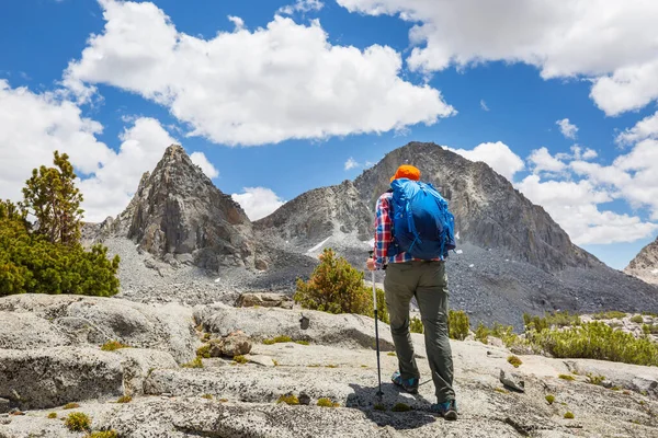 Yüksek dağlarda yürüyüş yapan bir gezgin.