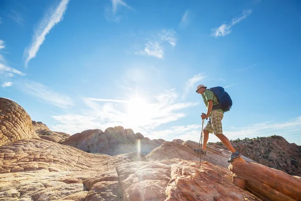 Utah dağlarında yürüyüş. Alışılmadık doğal manzaralarda yürüyüş. Fantastik kumtaşı oluşumları.
