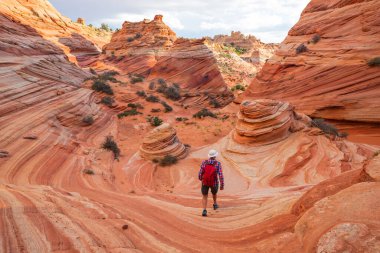 Utah dağlarında yürüyüş. Alışılmadık doğal manzaralarda yürüyüş. Fantastik kumtaşı oluşumları.