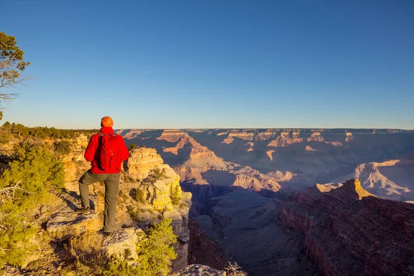 Grand Canyon Ulusal Parkı, Arizona, ABD üzerindeki uçurum dağlarındaki gezgin. İlham verici bir duygu. Seyahat yaşam tarzı yolculuk başarı motivasyon konsepti macera tatili açık hava konsepti.
