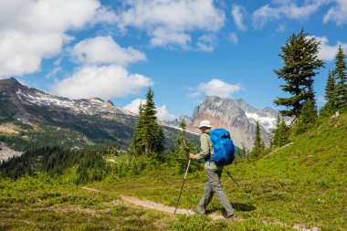 Yüksek dağlarda yürüyüş yapan bir gezgin.