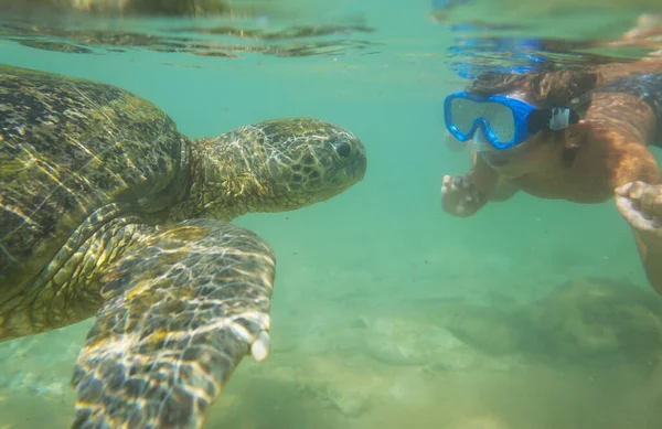 Boy Swimming Giant Sea Turtle Ocean Sri Lanka — стоковое фото