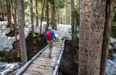 Hiker in the snow in early summer