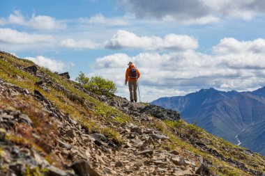 Hiker in beautiful mountains in Tombstone Territorial Park, Yukon, Canada