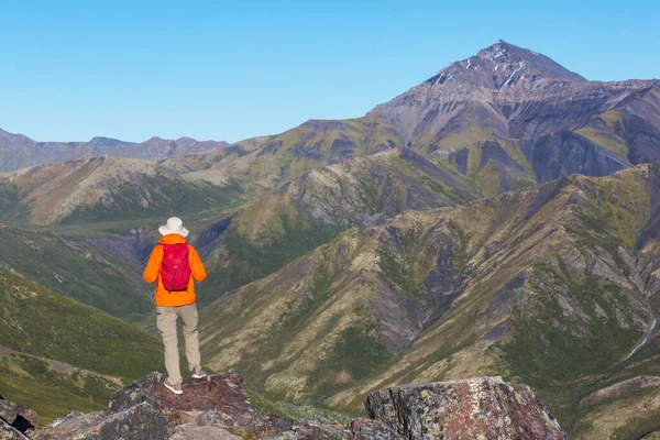 Hiker Beautiful Mountains Tombstone Territorial Park Yukon Canada — Stock Fotó