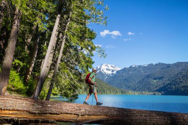 Bir adam sakin gölün yanında dinleniyor. Rahatlama tatili