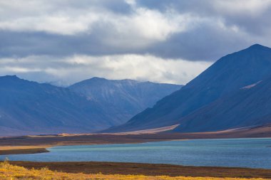 Tundra landscapes above Arctic circle in autumn season. Beautiful natural background.